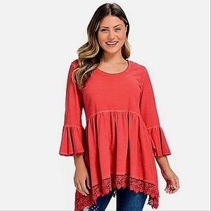 Indigo Thread Co Lace Trim Bell Sleeved Peasant Tunic Top Cotton Boho 1X